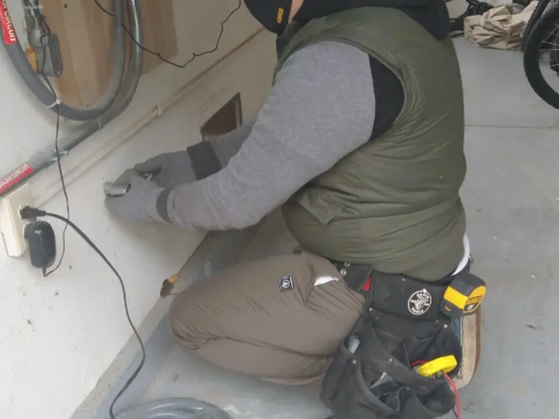 Electrician performing outlet wiring in a Alpine garage